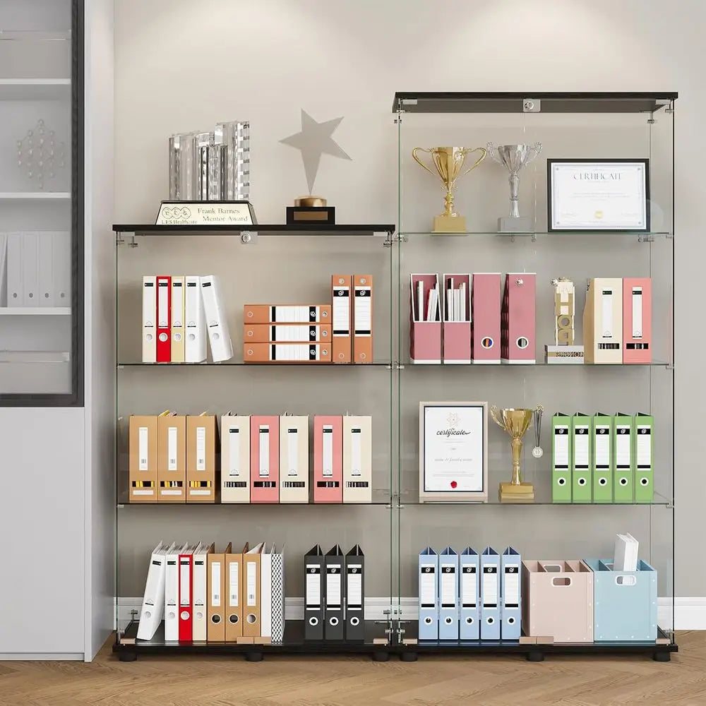 4-Shelf Double Door Lockable Glass Display Cabinet, 5mm Tempered Glass Floor Standing, Suitable for Living Room, Bedroom, Office