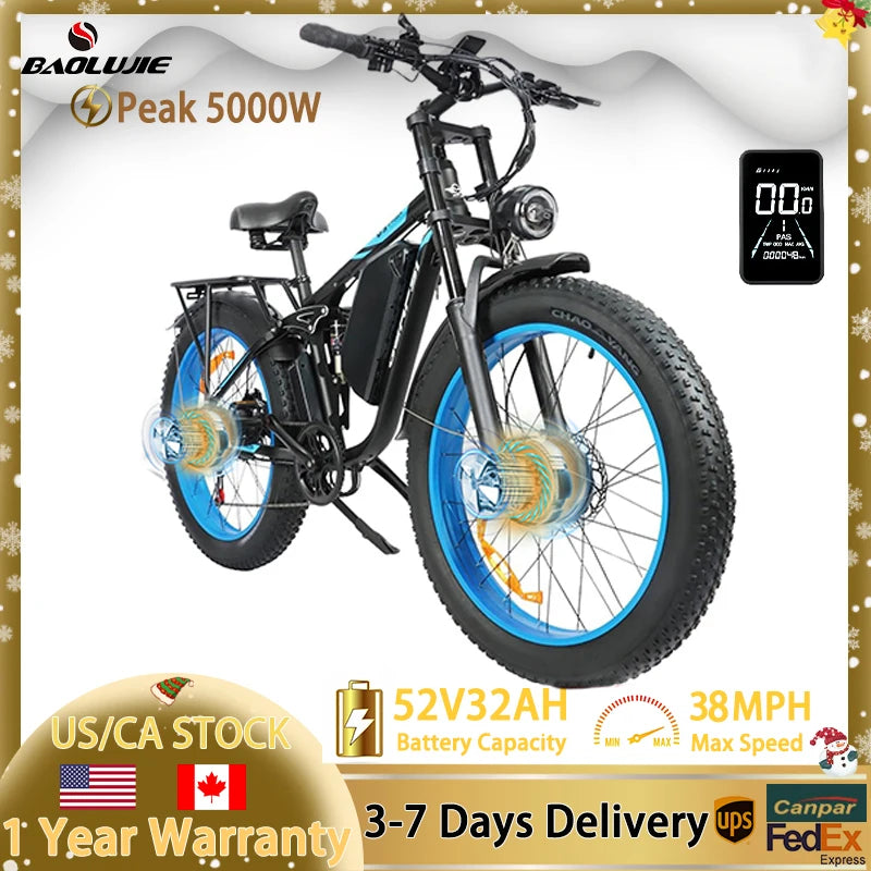 BAOLUJIE Electric Bike, 5000W Peak Dual Motor, 38 Mph Max Speed, Color LCD Display,Electric Bike 52V 32AH Removable Battery