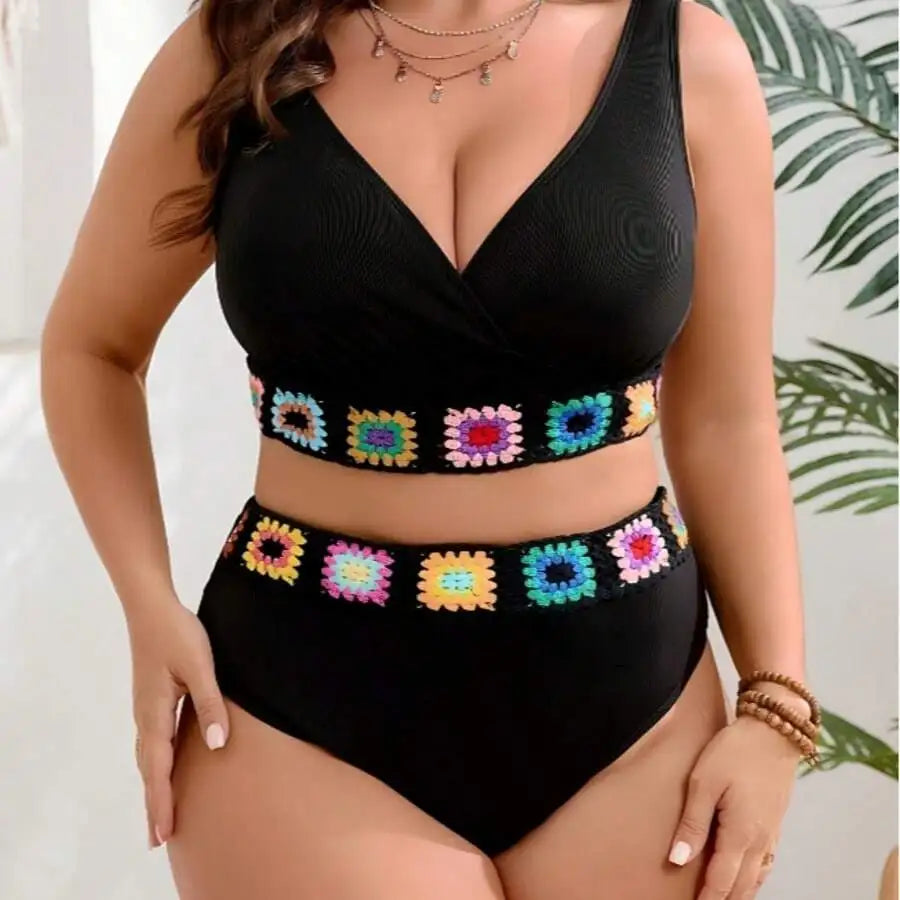 Plus Size V Neck Floral High Waisted Bikini Set Medium Stretch Fabric