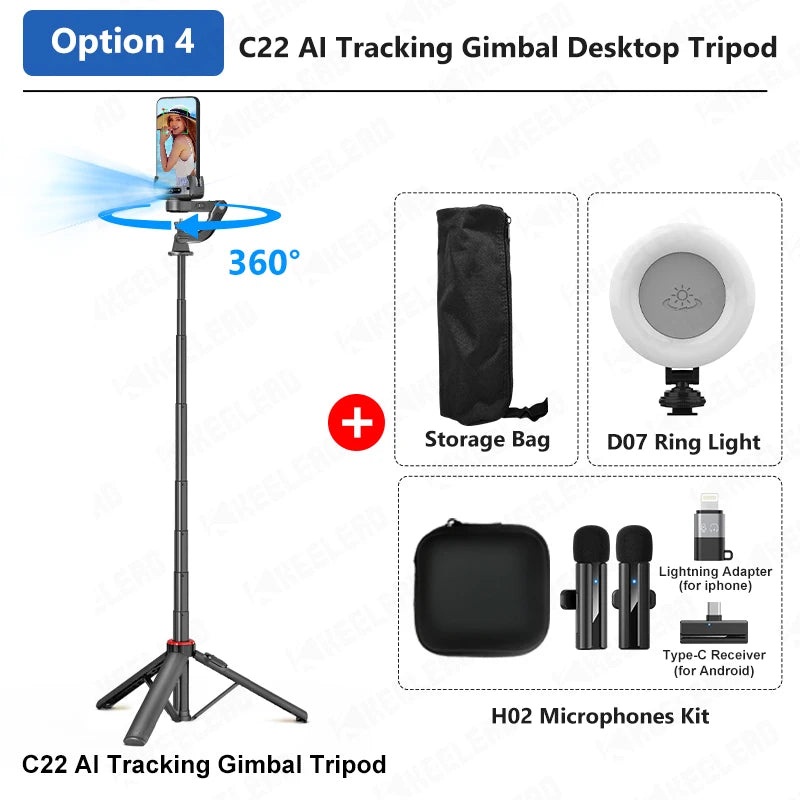 Smart Tracking Deskpot Gimbal Handheld Stabilizer for Cell Phones Record Video/Vlog C22 Selfie Stick Tripod, Optional Fill Light