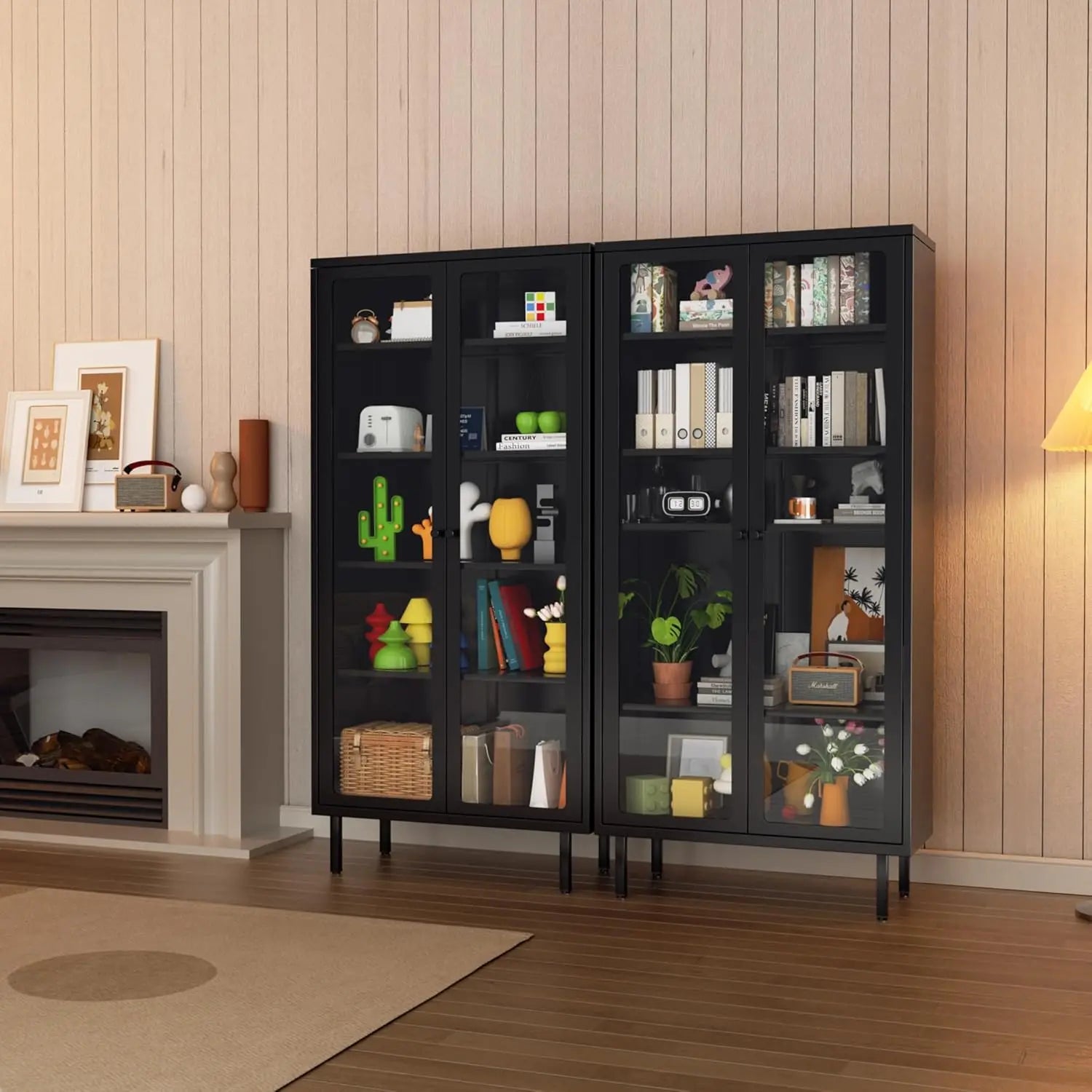 Glass Display Cabinet, Metal Curio Cabinet with Tempered Glass Doors & Adjustable Shelves, Metal Storage Cabinets for Living