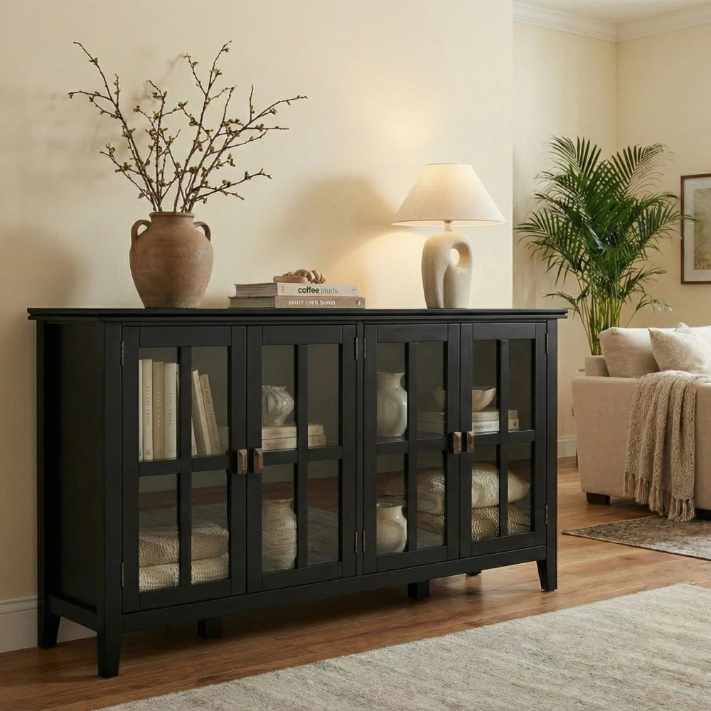 Artisan 66 inch Wide Solid Wood Wide 4 Door Storage Cabinet in Black