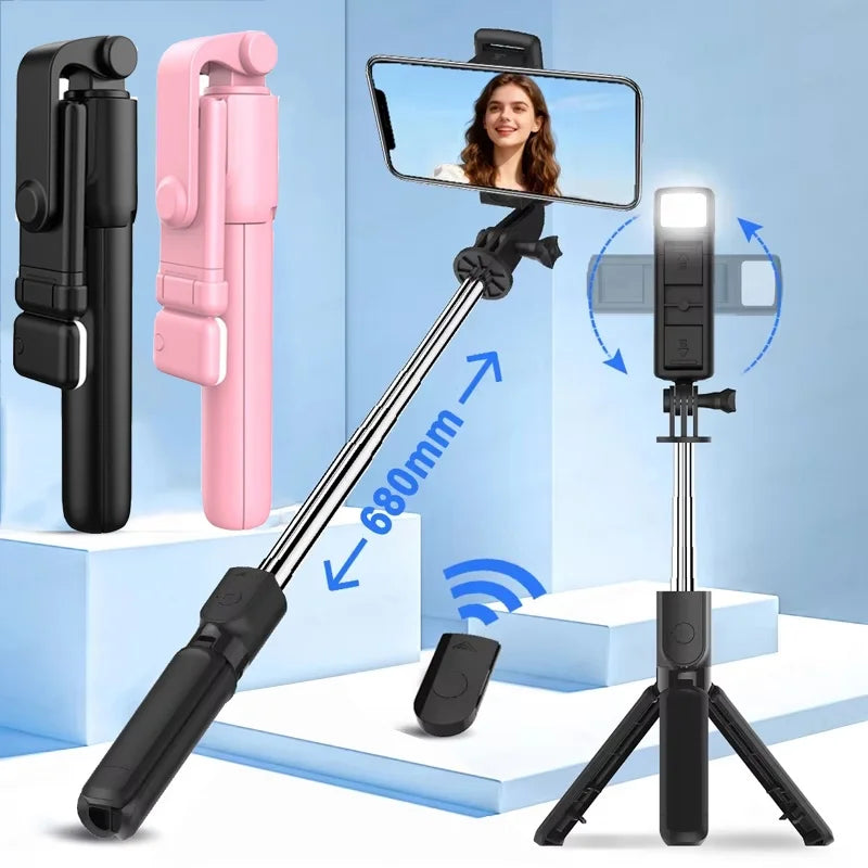 Wireless Selfie Stick Foldable Tripod Stand With Bluetooth Remote Extendable Tripod With LED Light For Cell Phone Live Streaming