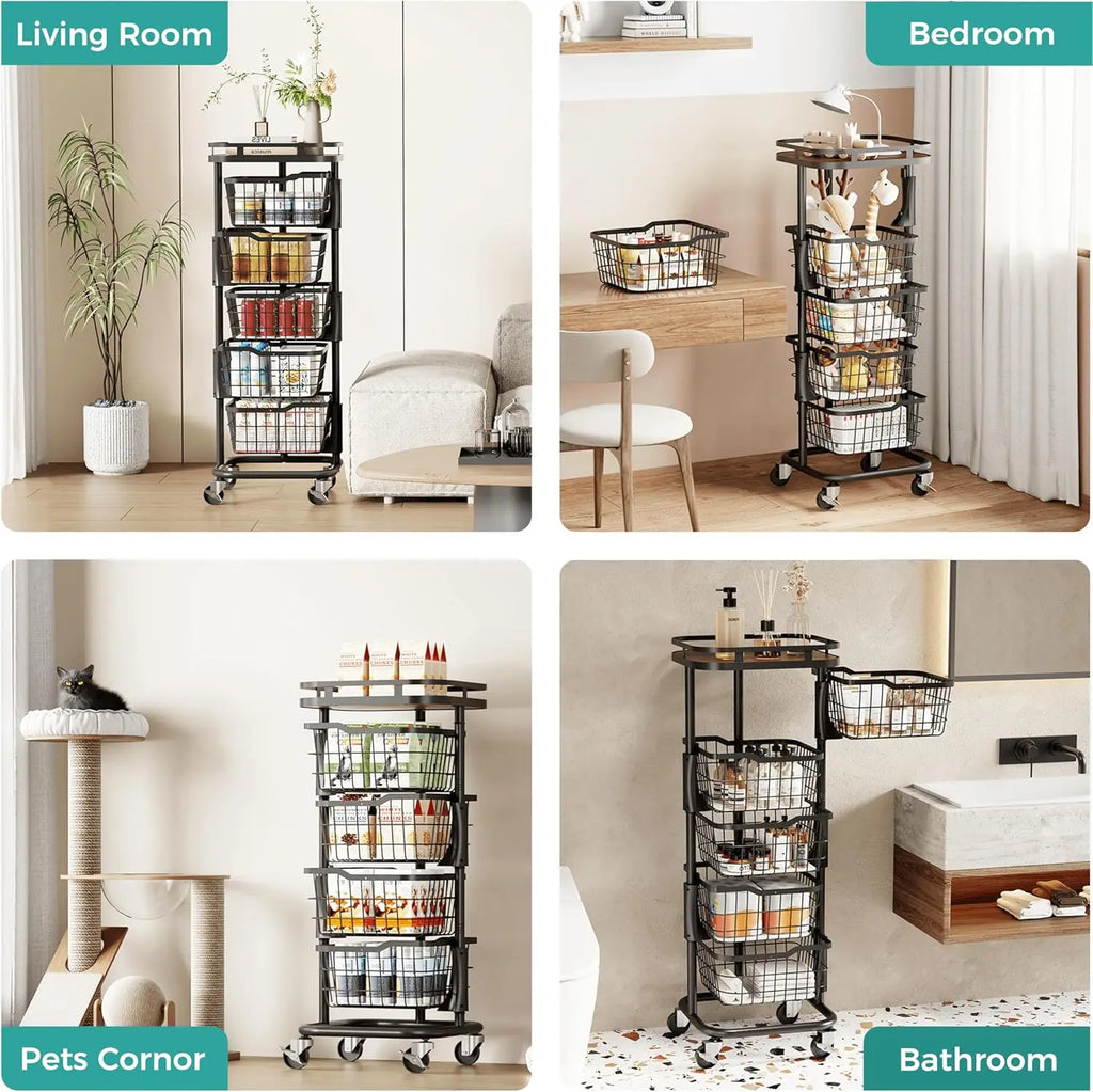 5 Tier Rotating Vegetable Storage Cart with Wheels, Black Kitchen Pantry Organizer