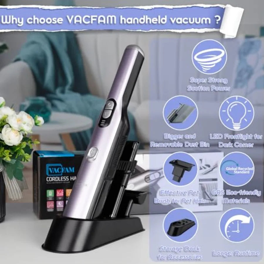 Handheld Vacuum Cordless Car Vacuum Cleaner 18KPa High-Power Suction Portable Hand Vac with Washable HEPA LED Light Storage Doc