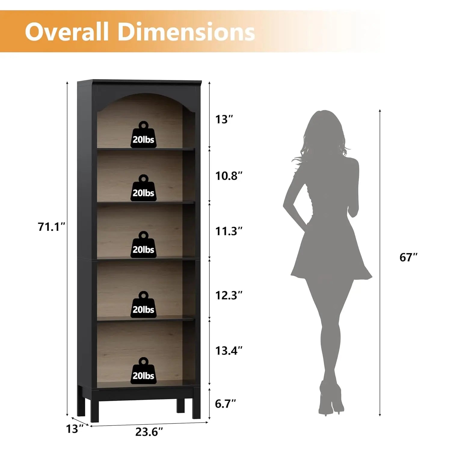 Arched Bookshelf with 5 Tier Open Shelves, 71" Tall Wood Bookcase with Adjustable Shelves, 24" Wide Floor Standing, Customized