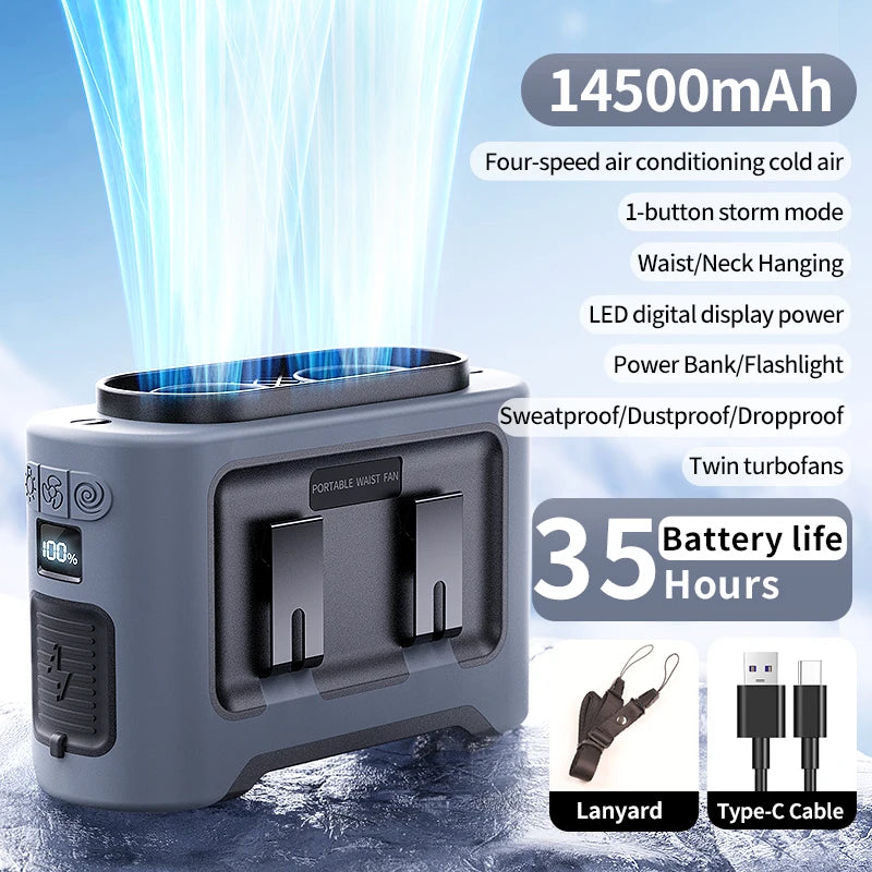 Socoolfan 14500mAh Outdoor Fan Portable Waist Hanging Neck Strong Dual Air Vents Fans for Travel Sports Courier Outdoor Working
