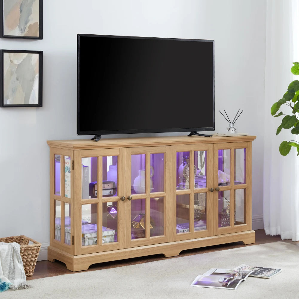 LED Curio Display Cabinet: Glass Doors, Adjustable Shelves, 4-Door OAK for Home/Office