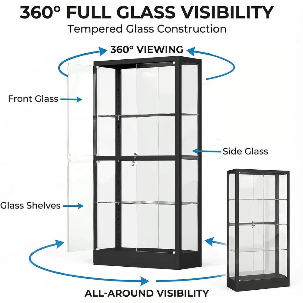 65 H 4-Tier Glass Display Cabinet with Adjustable Shelves, Lockable, Lighted for Collectibles, Black