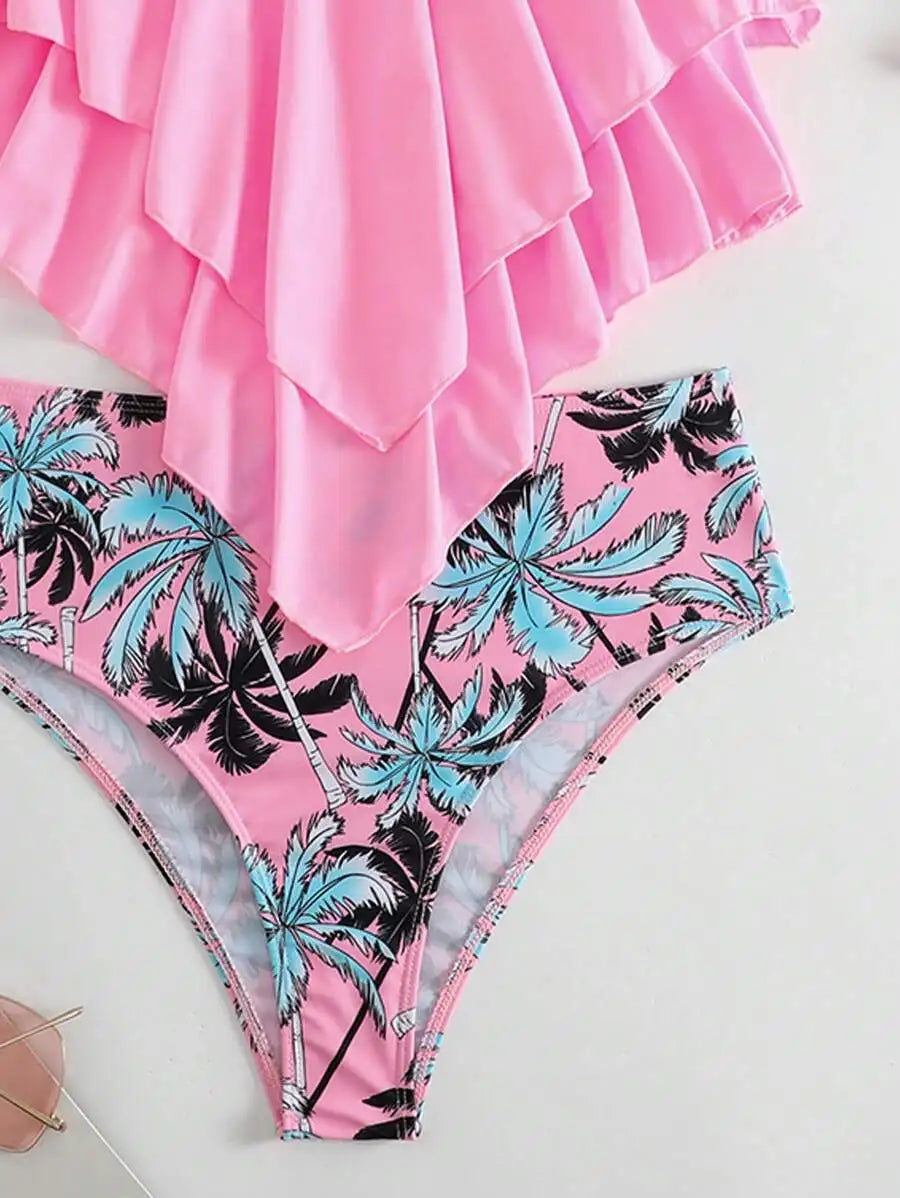 Vibrant Orange Asymmetrical Ruffled Tank Top With High-Waisted Tropical Palm Print Bikini Bottoms For Summer Beachwear