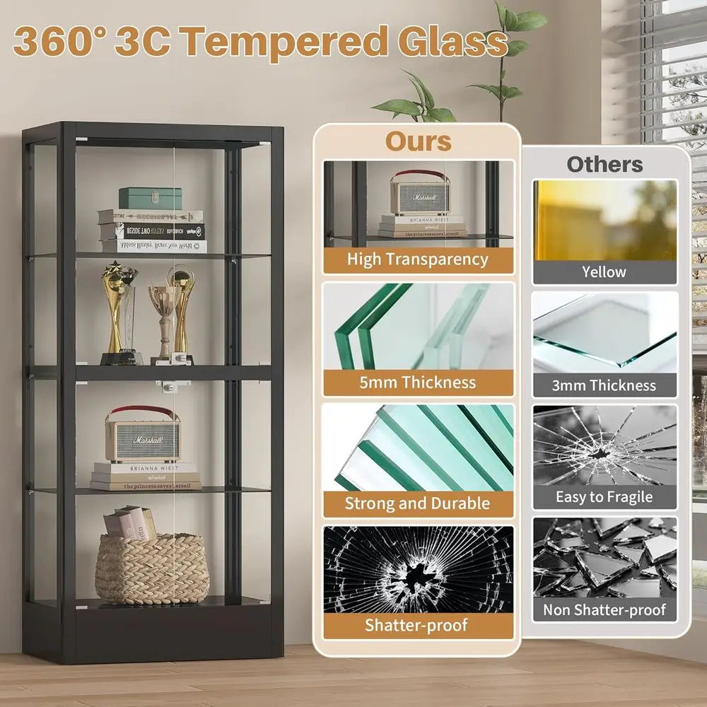 4-Sided Lockable Glass Display Cabinet with 13 Color Lights, Adjustable Shelves for Collectibles, Wine, China, 28 W, Black