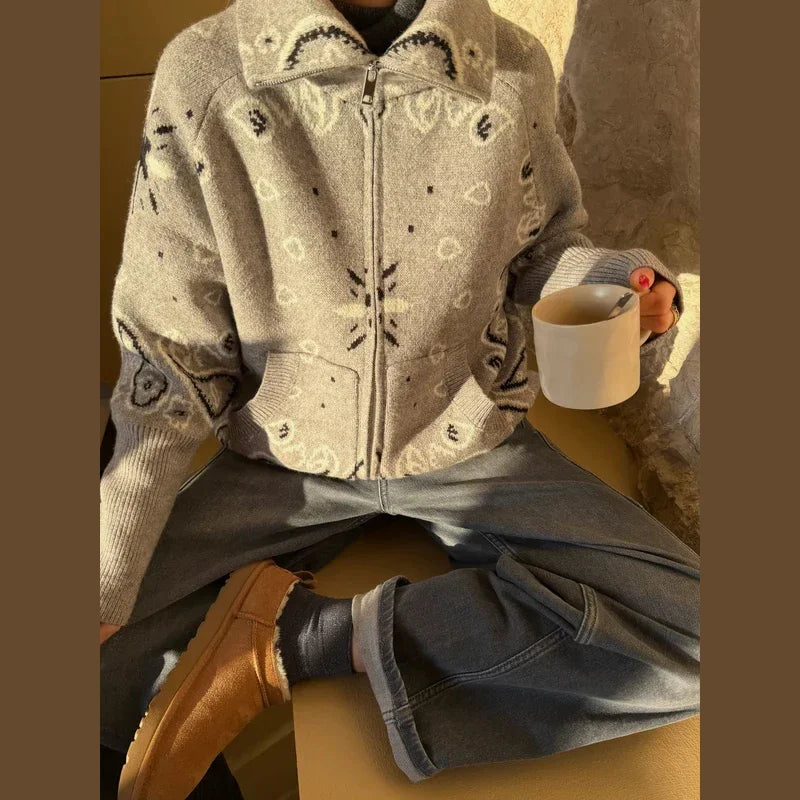 Casual Jacquard Cardigan for Women Loose Stand Collar Zipper Pockets All-match Female Sweater 2026 Spring Thick Warm Knitwear