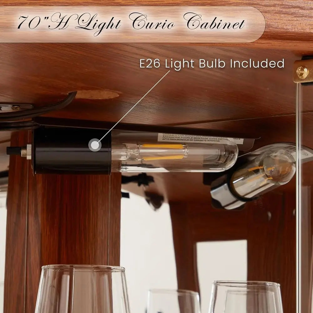 70 Tall Illuminated Glass Display Case with Tempered Glass Doors, Adjustable Shelves, Included Bulb, Ideal for Wine Bar or Livin