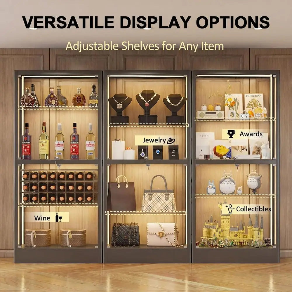65 H 4-Tier Glass Display Cabinet with Adjustable Shelves, Lockable, Lighted for Collectibles, Black