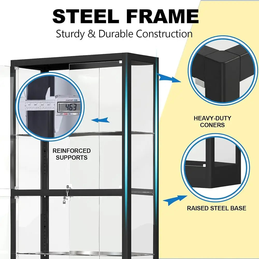 65 H 4-Tier Glass Display Cabinet with Adjustable Shelves, Lockable, Lighted for Collectibles, Black