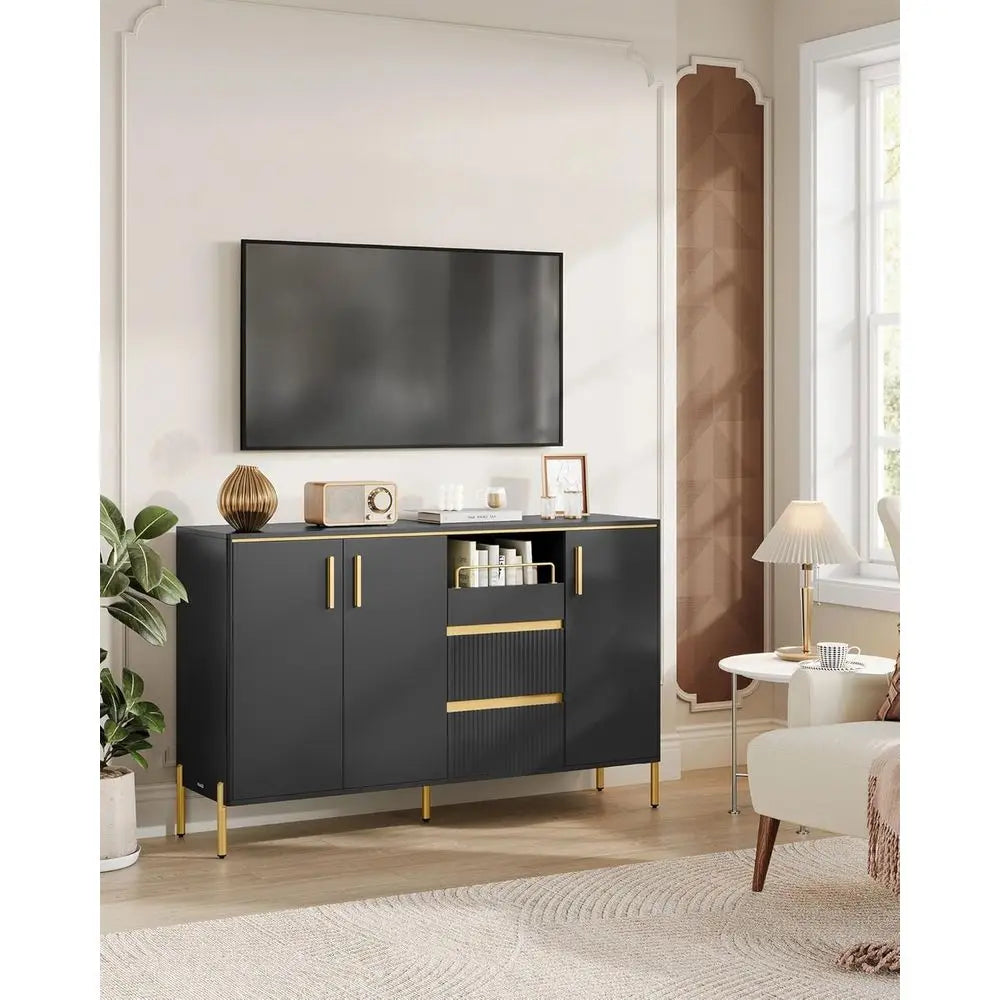 Black Modern Storage Sideboard with Adjustable Shelves for Kitchen and Living Room