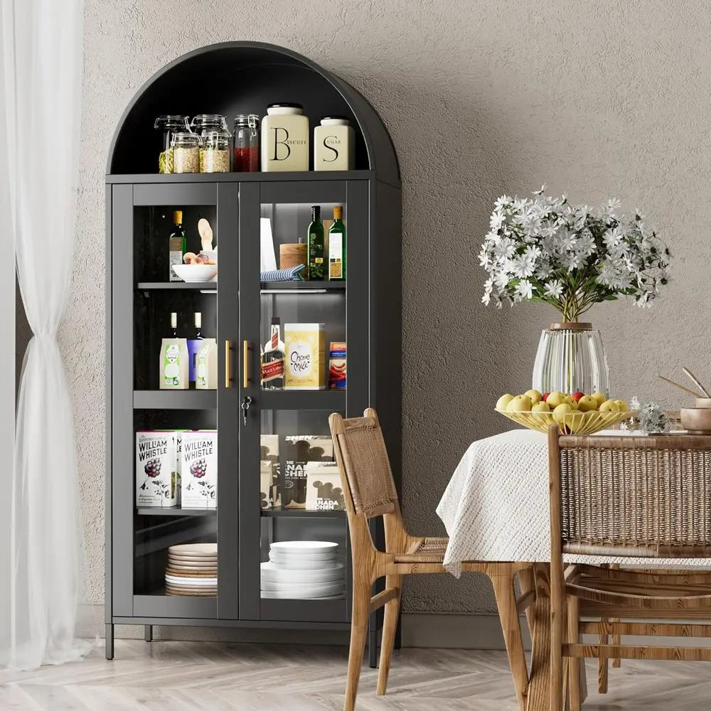 78.74 High Metal Arched Cabinet with Lock, LED Light Strip, Glass Doors, Adjustable Shelves - Ideal for Dining Room, Home Use, B