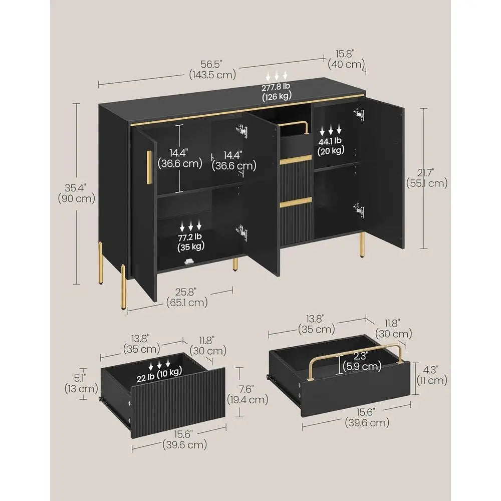 Black Modern Storage Sideboard with Adjustable Shelves for Kitchen and Living Room