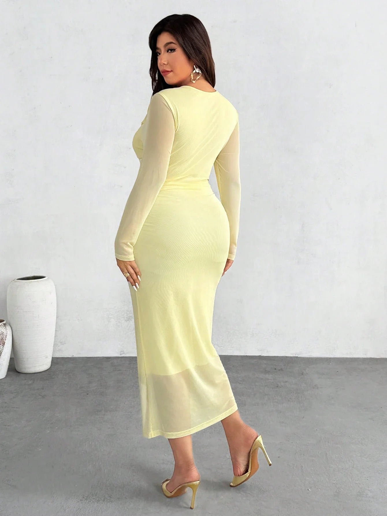 Elegant Crossover Neck Ruched Fitted Long Sleeve Mesh Dress For Women
