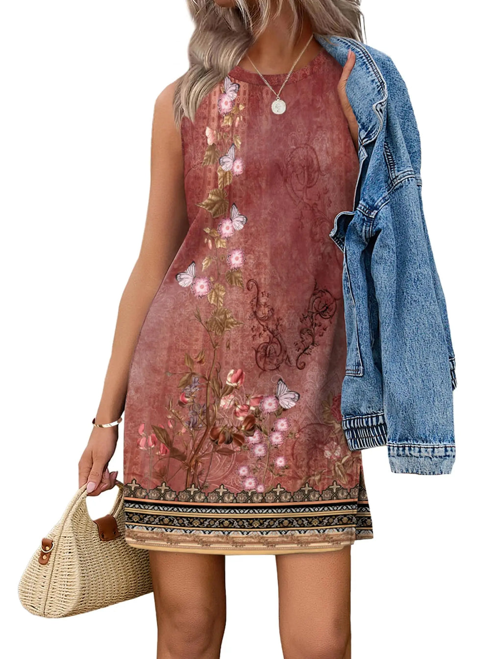 Casual Sleeveless Crewneck Dress Women Boho Summer Vacation Floral Paisley Print Mini Dress