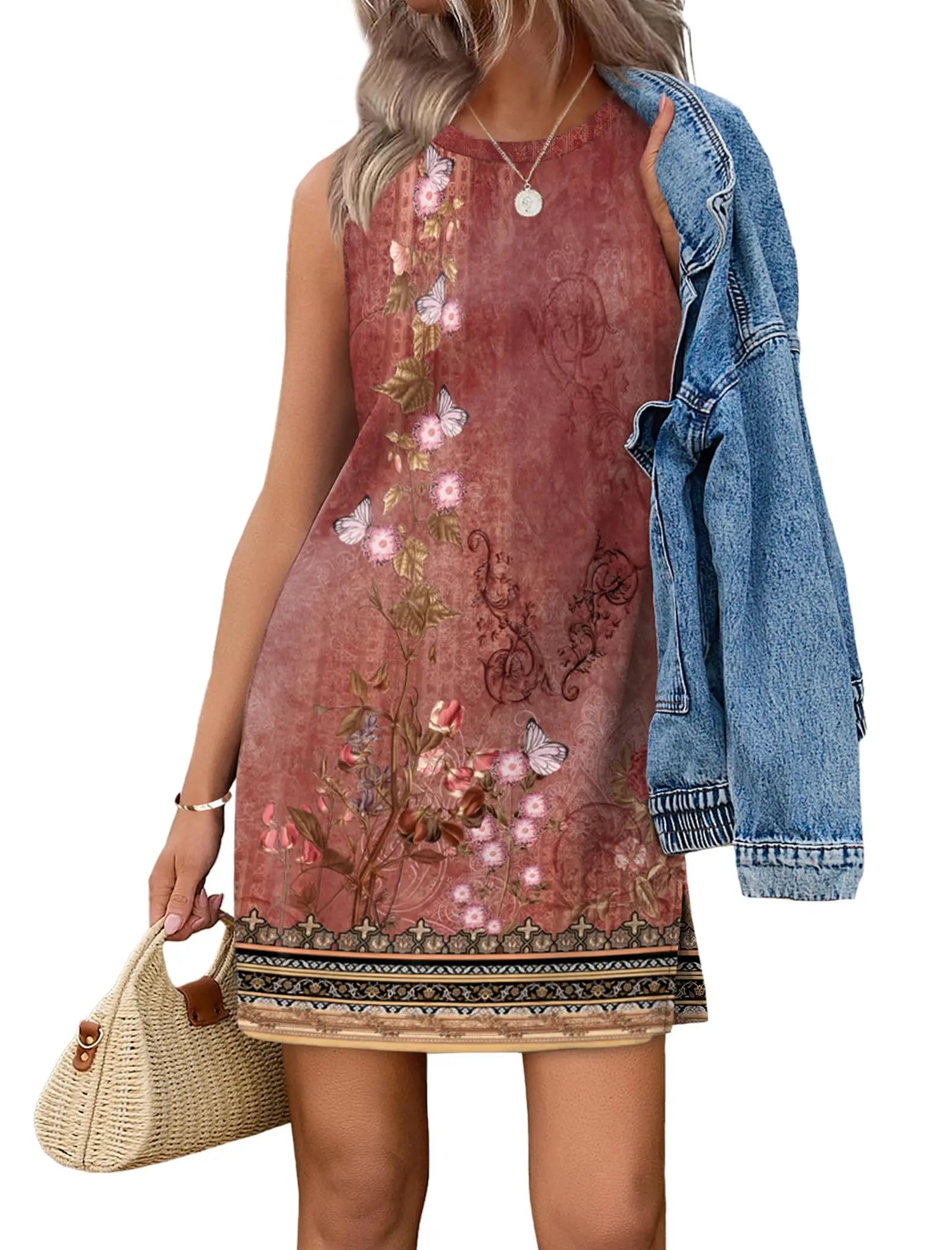 Casual Sleeveless Crewneck Dress Women Boho Summer Vacation Floral Paisley Print Mini Dress