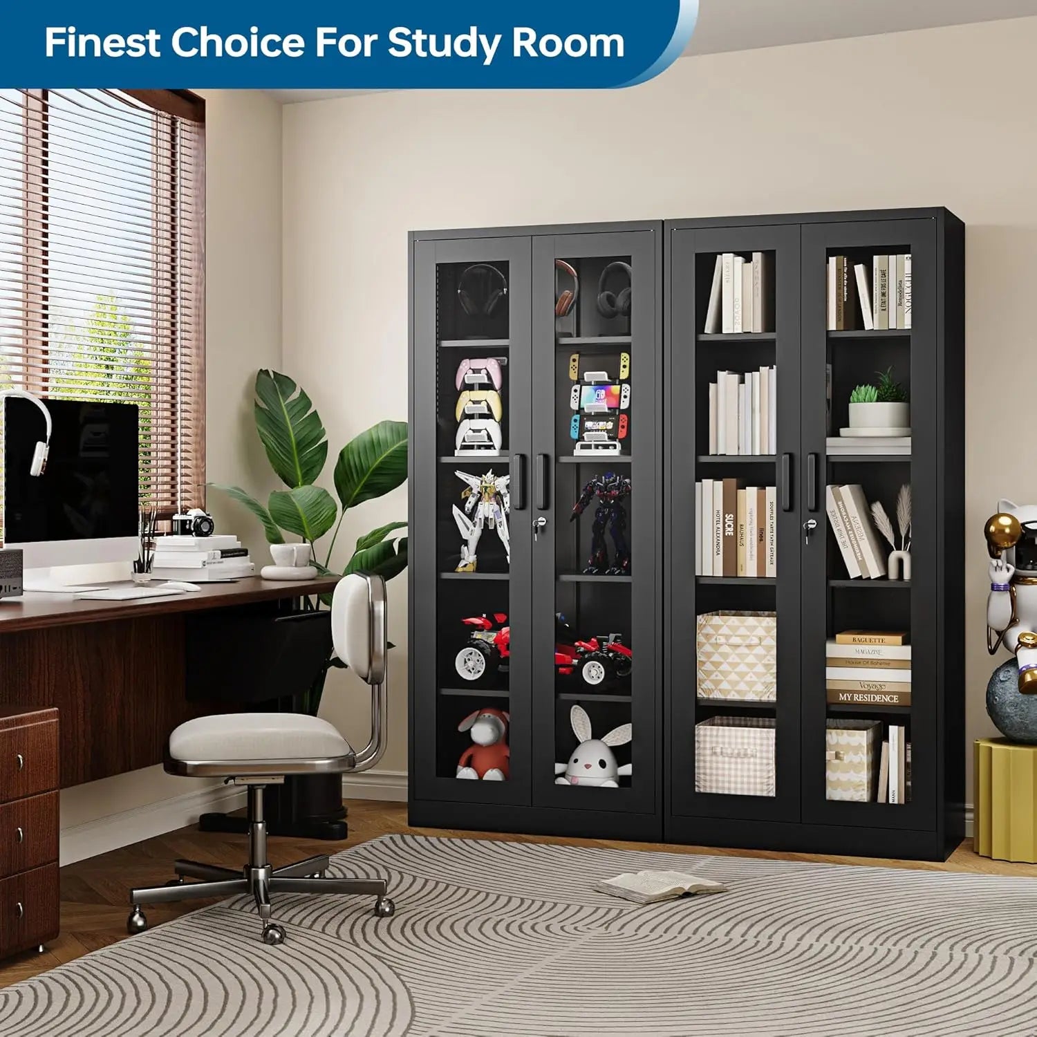 71in Metal Display Cabinet Glass Doors 4 Adjustable Shelves Lock Home Office Custom