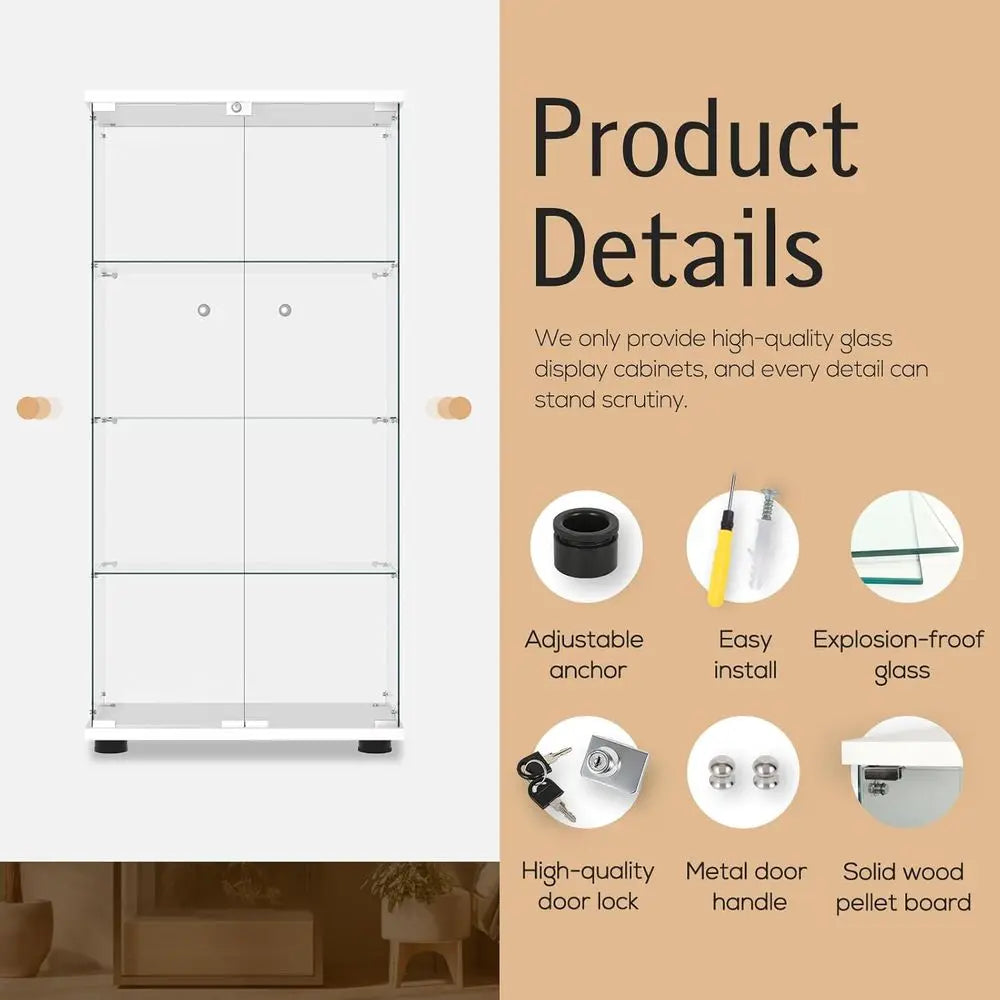 Quick-Install Glass Door Lockable Display Cabinet, 4-Shelf Curio with Tempered Glass, Ideal for Living/Bedroom (65 x 32 x 14, Wh