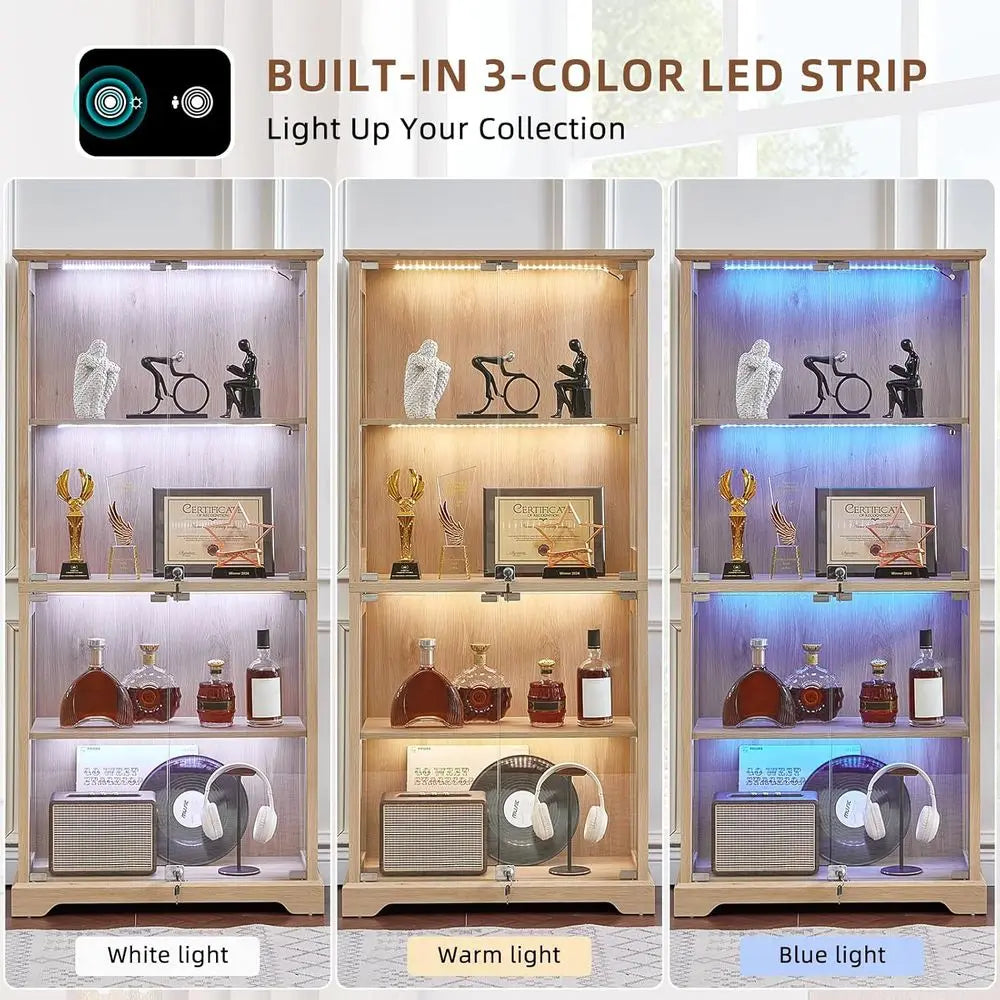 Dual Glass Door Display Cabinets with 3-Color LED Motion-Sensor Light, Natural Wood Finish